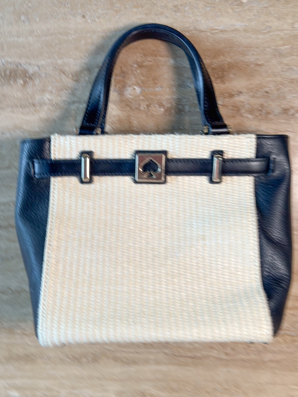 kate spade - Leo Houston Street Straw Black Cream Woven Bag with Top Handles - Picture 2 of 9